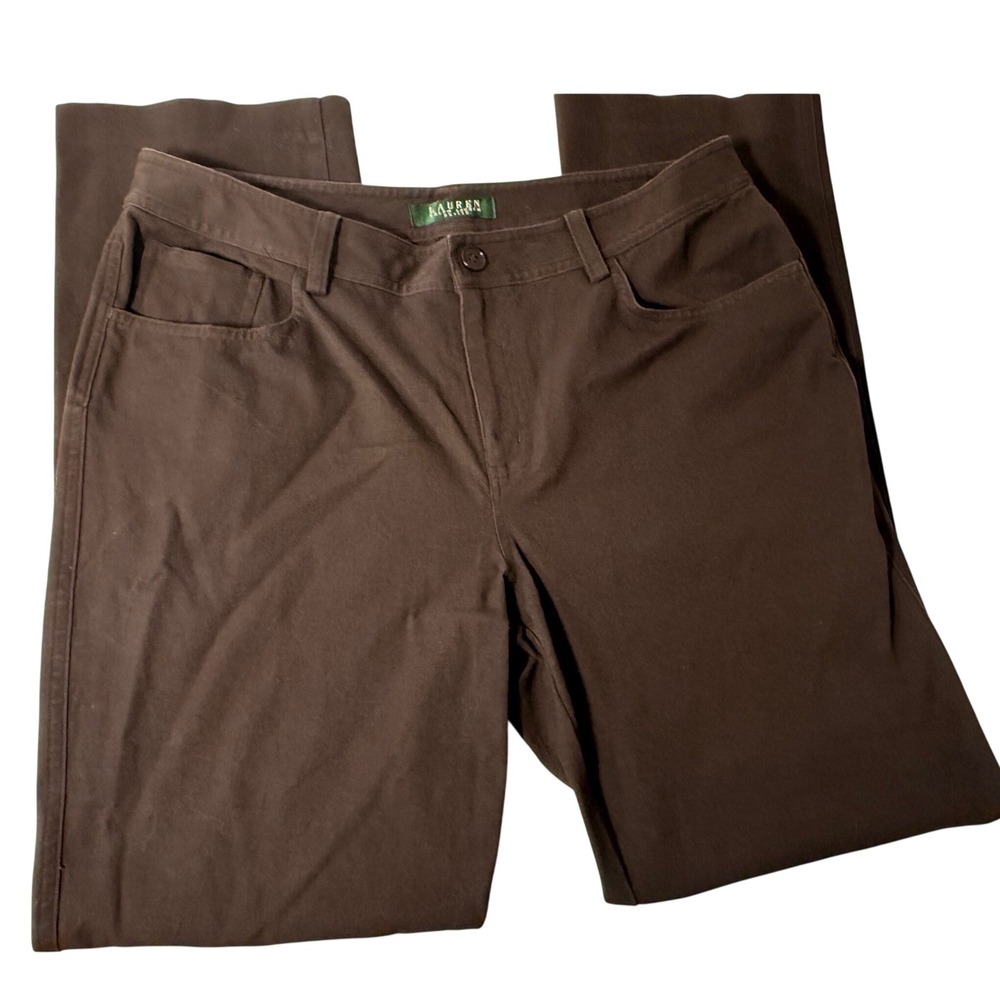 Lauren Ralph Lauren Petite Brown Straight Leg Stretch Pants 12P Cotton Blend